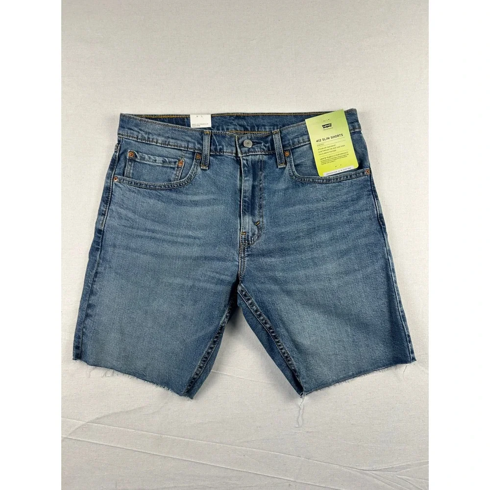 Levis 412 Slim Shorts Mens 34 Blue Denim Cut Off Raw Hem Performance Stretch NEW